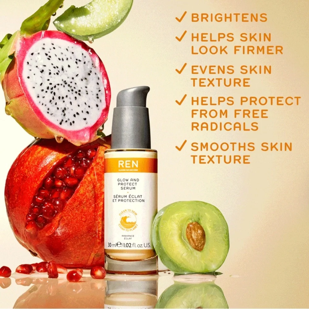 REN CLEAN SKINCARE Glow and Protect Serum 1oz $68 NIB